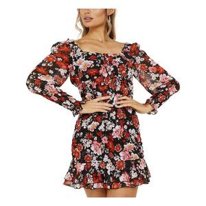 QUIZ Womens Black Pleated Floral Square Neck Mini Party Fit + Flare Dress 6